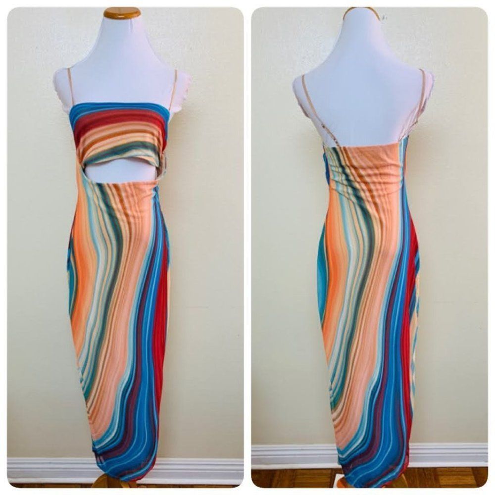 AFRM Matera Midi Cut Out Dress Small in Blue Abstract